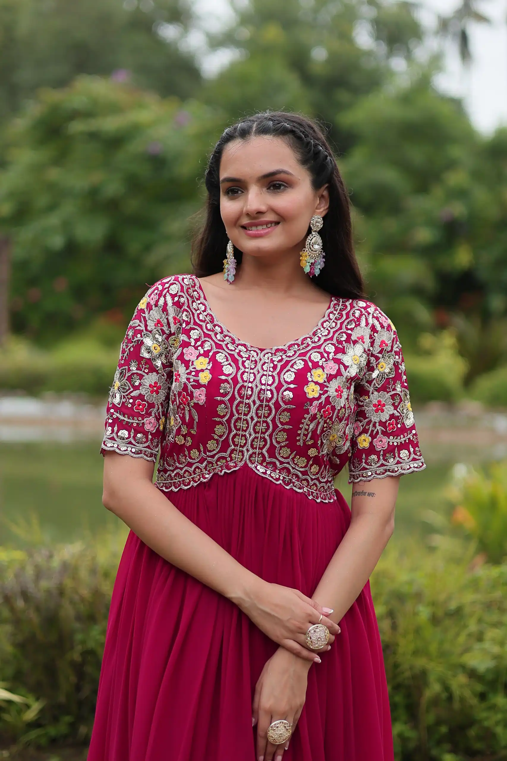 Pink Faux Blooming Embroidery Zari Work Gown | Gowns, Bollywood Gowns, Creative Gowns, Designer Gowns, Embroidered Gowns, Party Wear Gowns
