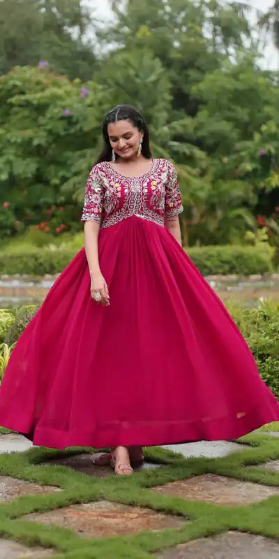 Pink Faux Blooming Embroidery Zari Work Gown | Gowns, Bollywood Gowns, Creative Gowns, Designer Gowns, Embroidered Gowns, Party Wear Gowns