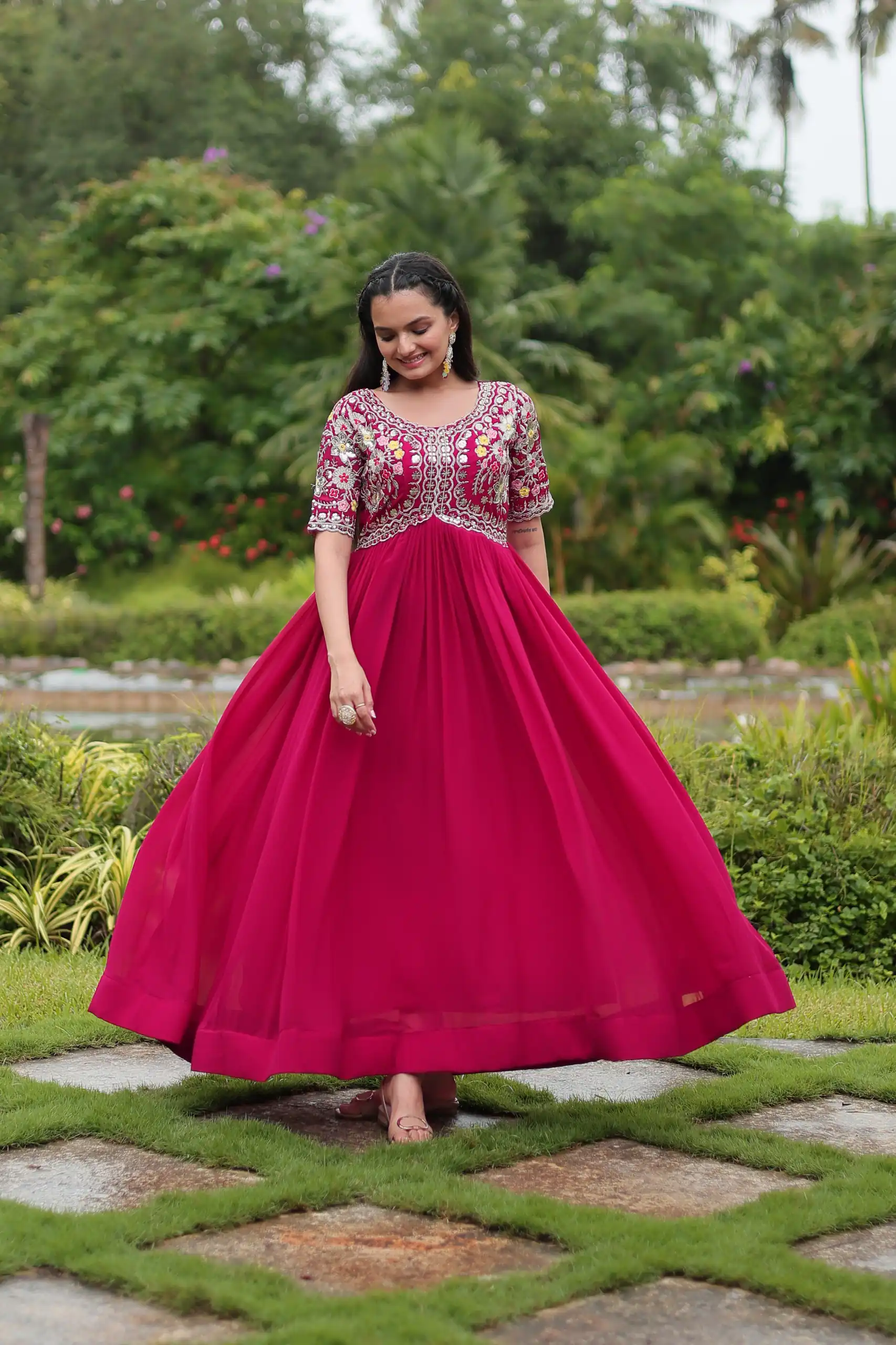 Pink Faux Blooming Embroidery Zari Work Gown | Gowns, Bollywood Gowns, Creative Gowns, Designer Gowns, Embroidered Gowns, Party Wear Gowns
