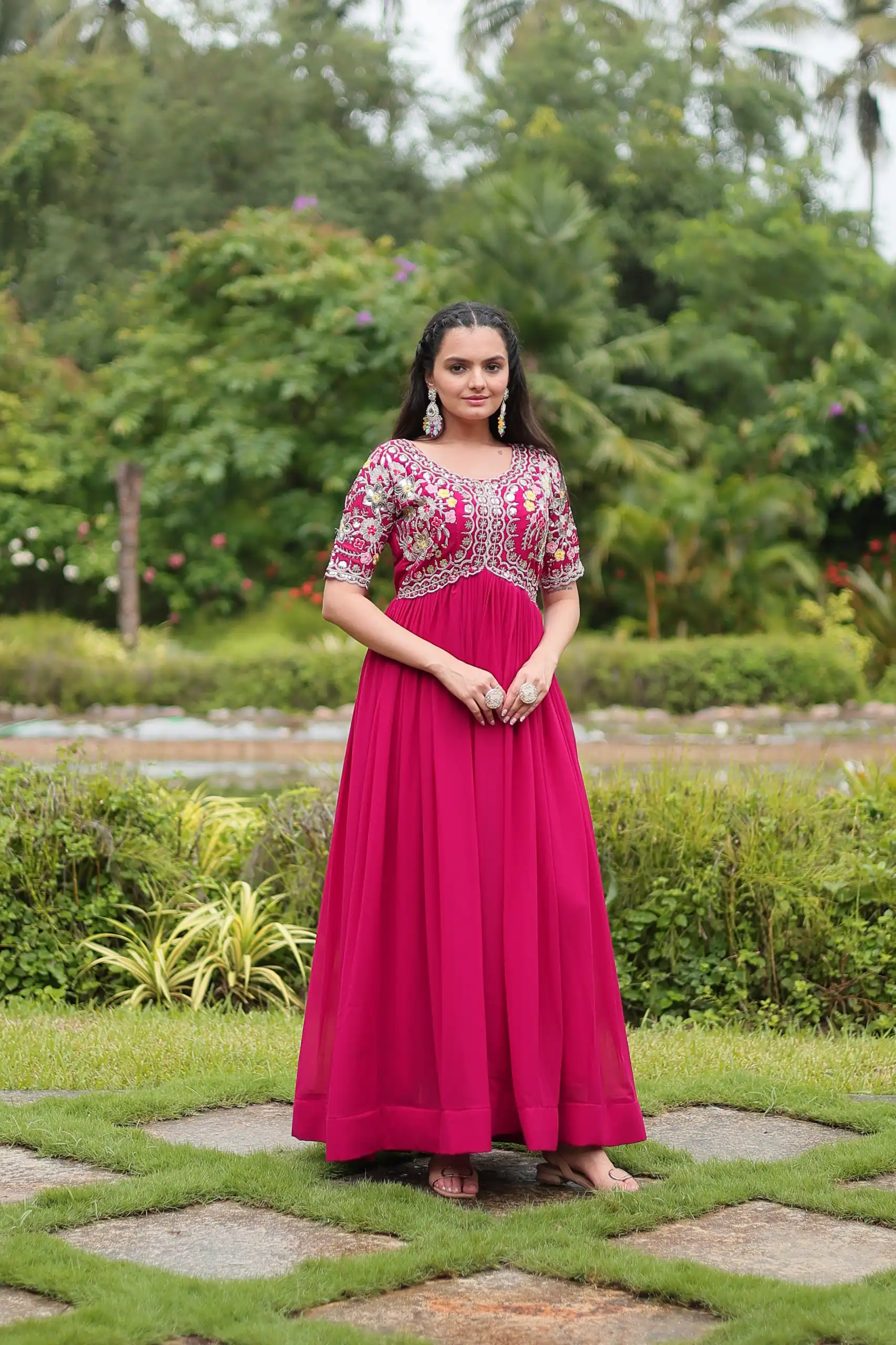 Pink Faux Blooming Embroidery Zari Work Gown | Gowns, Bollywood Gowns, Creative Gowns, Designer Gowns, Embroidered Gowns, Party Wear Gowns