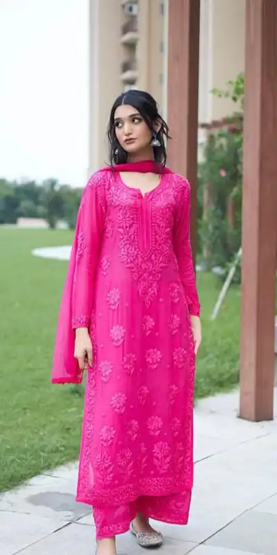 Pink Faux Georgette Embroidery Lace Work Salwar Suit | Jump Suits, Salwar suit, Casual Suits, Creative suits, Designer Suits, Palazzo Suits, Party Wear Suits, Patiala Suits, Straight Suits