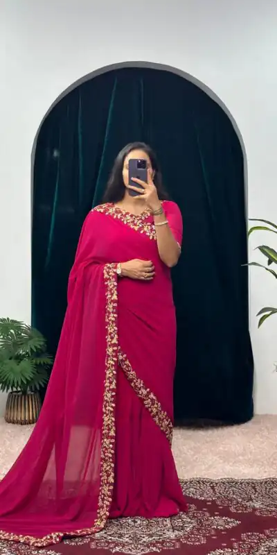 Pink Faux Georgette Embroidery Work Border Stitched Saree-Gown | Gowns, Bollywood Gowns, Creative Gowns, Designer Gowns, Embroidered Gowns, Party Wear Gowns, Straight Suits