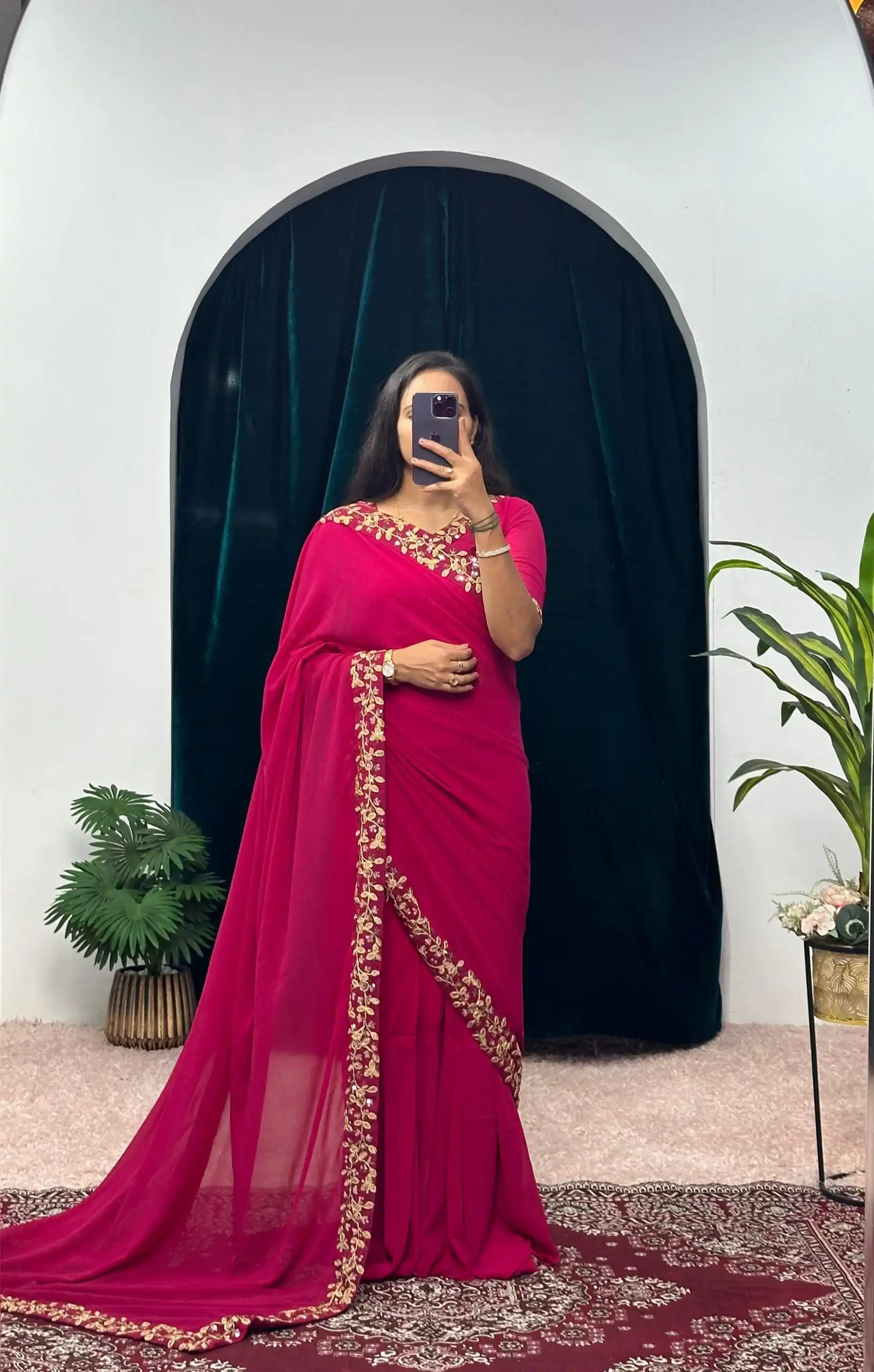 Pink Faux Georgette Embroidery Work Border Stitched Saree-Gown | Gowns, Bollywood Gowns, Creative Gowns, Designer Gowns, Embroidered Gowns, Party Wear Gowns, Straight Suits
