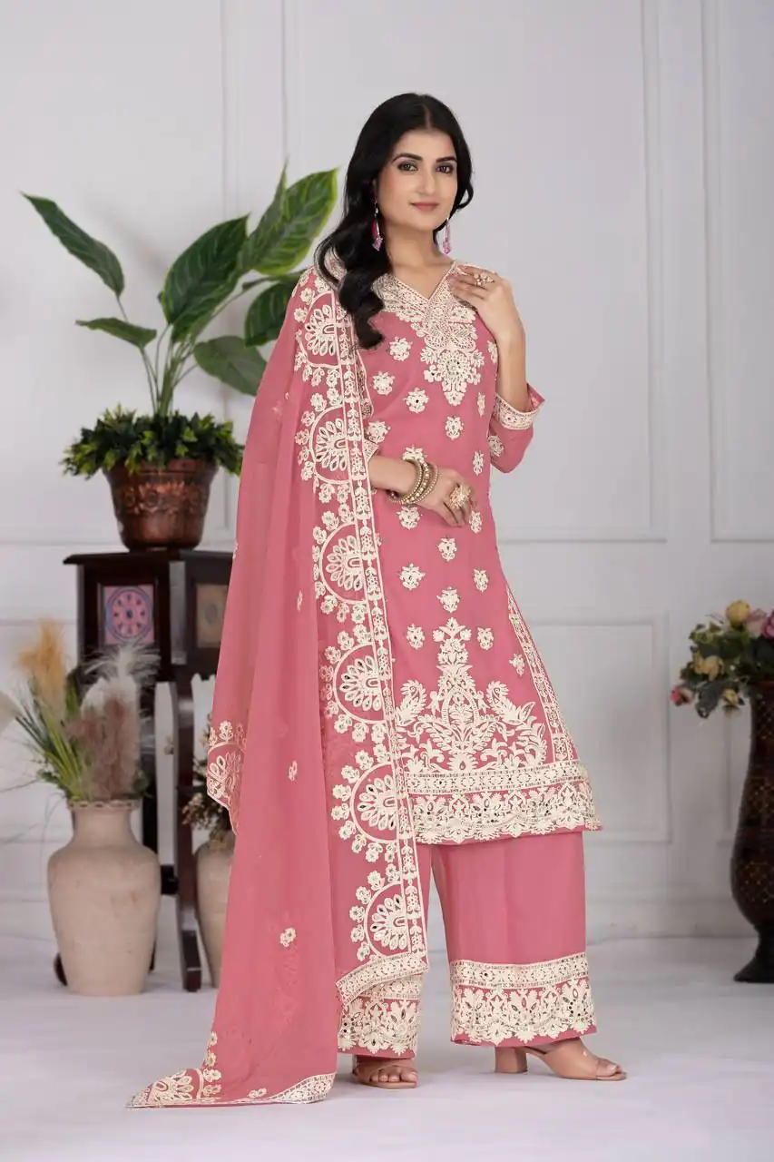 Pink Faux Georgette With Embroider Salwar Suit | Jump Suits, Salwar suit, Casual Suits, Creative suits, Designer Suits, Palazzo Suits, Party Wear Suits, Patiala Suits, Straight Suits