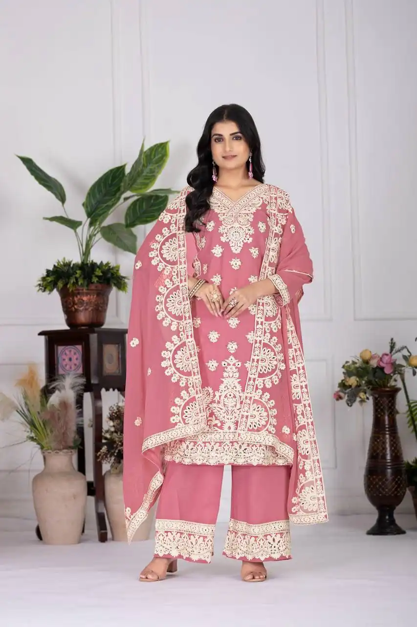 Pink Faux Georgette With Embroider Salwar Suit | Jump Suits, Salwar suit, Casual Suits, Creative suits, Designer Suits, Palazzo Suits, Party Wear Suits, Patiala Suits, Straight Suits