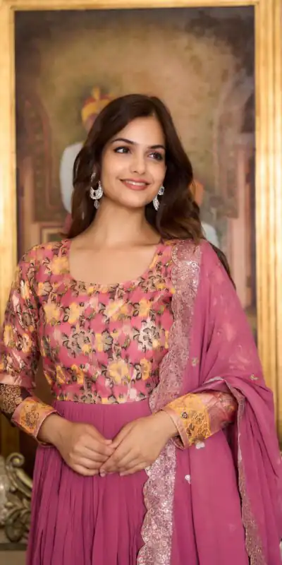 Pink Fox Georgette Embroider Zecard Work Gown | Gowns, Bollywood Gowns, Creative Gowns, Designer Gowns, Embroidered Gowns, Party Wear Gowns, Straight Suits