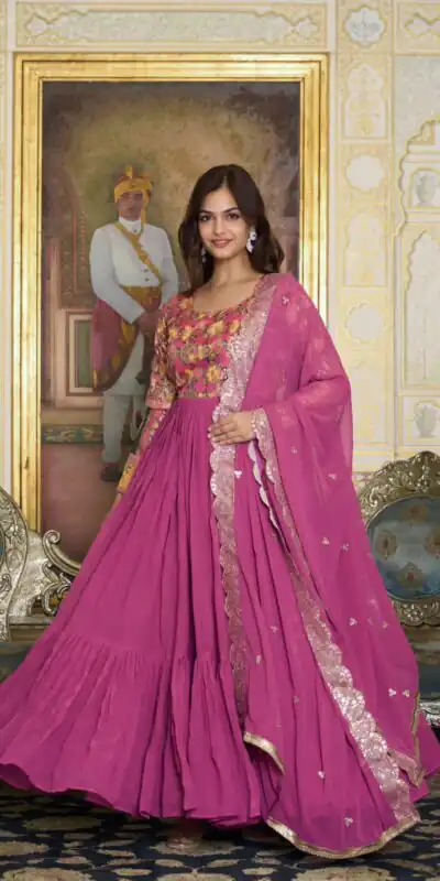 Pink Fox Georgette Embroider Zecard Work Gown | Gowns, Bollywood Gowns, Creative Gowns, Designer Gowns, Embroidered Gowns, Party Wear Gowns, Straight Suits