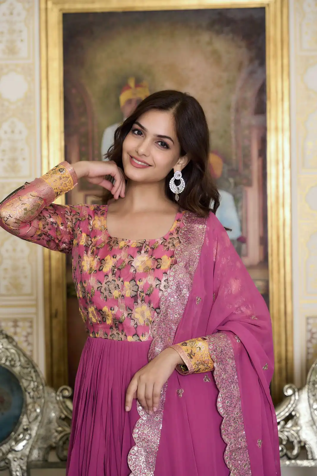 Pink Fox Georgette Embroider Zecard Work Gown | Gowns, Bollywood Gowns, Creative Gowns, Designer Gowns, Embroidered Gowns, Party Wear Gowns, Straight Suits