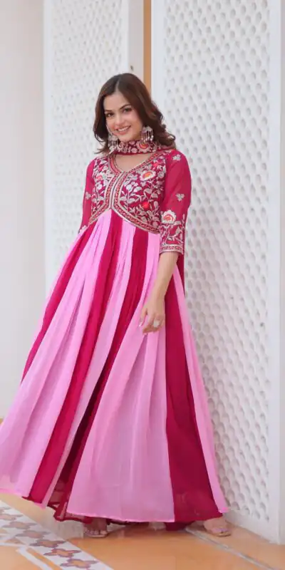 Pink Fox Georgette Embroidery Thread Work Gown | Gowns, Bollywood Gowns, Creative Gowns, Designer Gowns, Embroidered Gowns, Party Wear Gowns