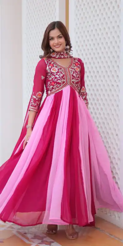 Pink Fox Georgette Embroidery Thread Work Gown | Gowns, Bollywood Gowns, Creative Gowns, Designer Gowns, Embroidered Gowns, Party Wear Gowns