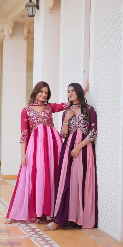 Pink Fox Georgette Embroidery Thread Work Gown | Gowns, Bollywood Gowns, Creative Gowns, Designer Gowns, Embroidered Gowns, Party Wear Gowns