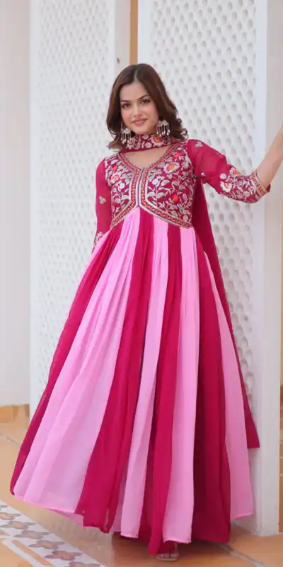 Pink Fox Georgette Embroidery Thread Work Gown | Gowns, Bollywood Gowns, Creative Gowns, Designer Gowns, Embroidered Gowns, Party Wear Gowns
