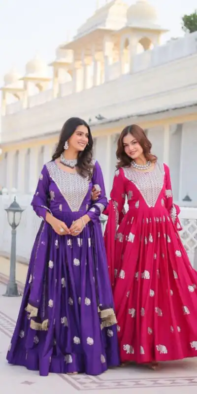 Pink Fox Georgette Embroidery Work Gown | Gowns, Bollywood Gowns, Creative Gowns, Designer Gowns, Embroidered Gowns, Party Wear Gowns