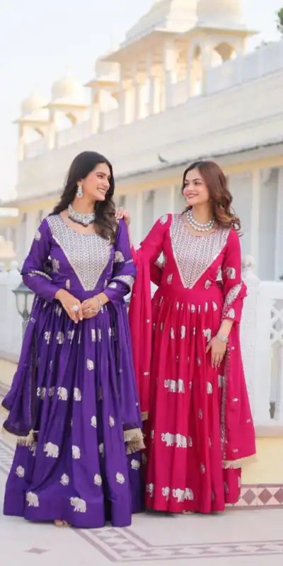 Pink Fox Georgette Embroidery Work Gown | Gowns, Bollywood Gowns, Creative Gowns, Designer Gowns, Embroidered Gowns, Party Wear Gowns