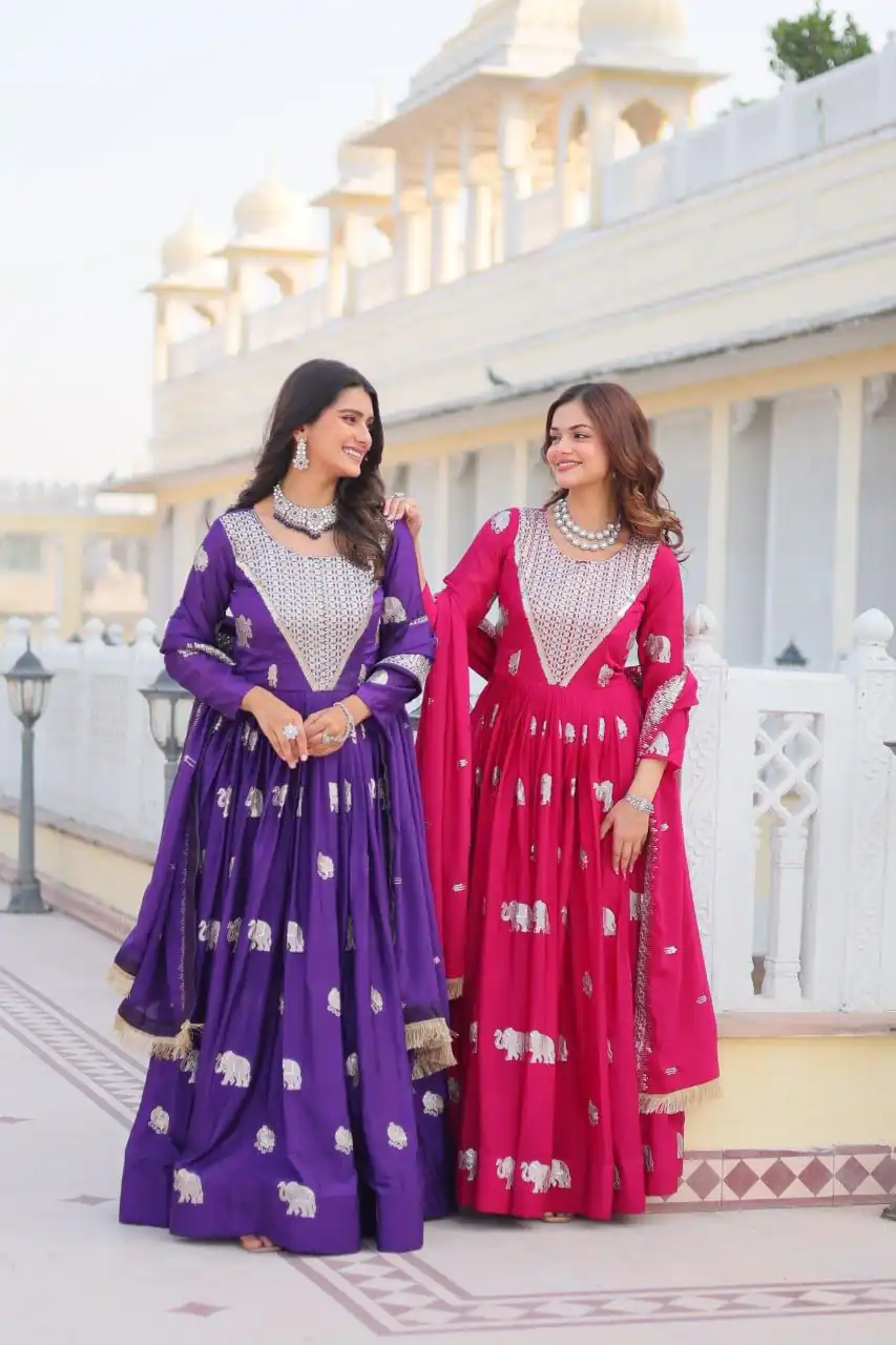 Pink Fox Georgette Embroidery Work Gown | Gowns, Bollywood Gowns, Creative Gowns, Designer Gowns, Embroidered Gowns, Party Wear Gowns