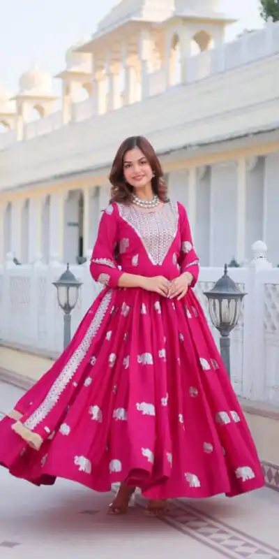 Pink Fox Georgette Embroidery Work Gown | Gowns, Bollywood Gowns, Creative Gowns, Designer Gowns, Embroidered Gowns, Party Wear Gowns