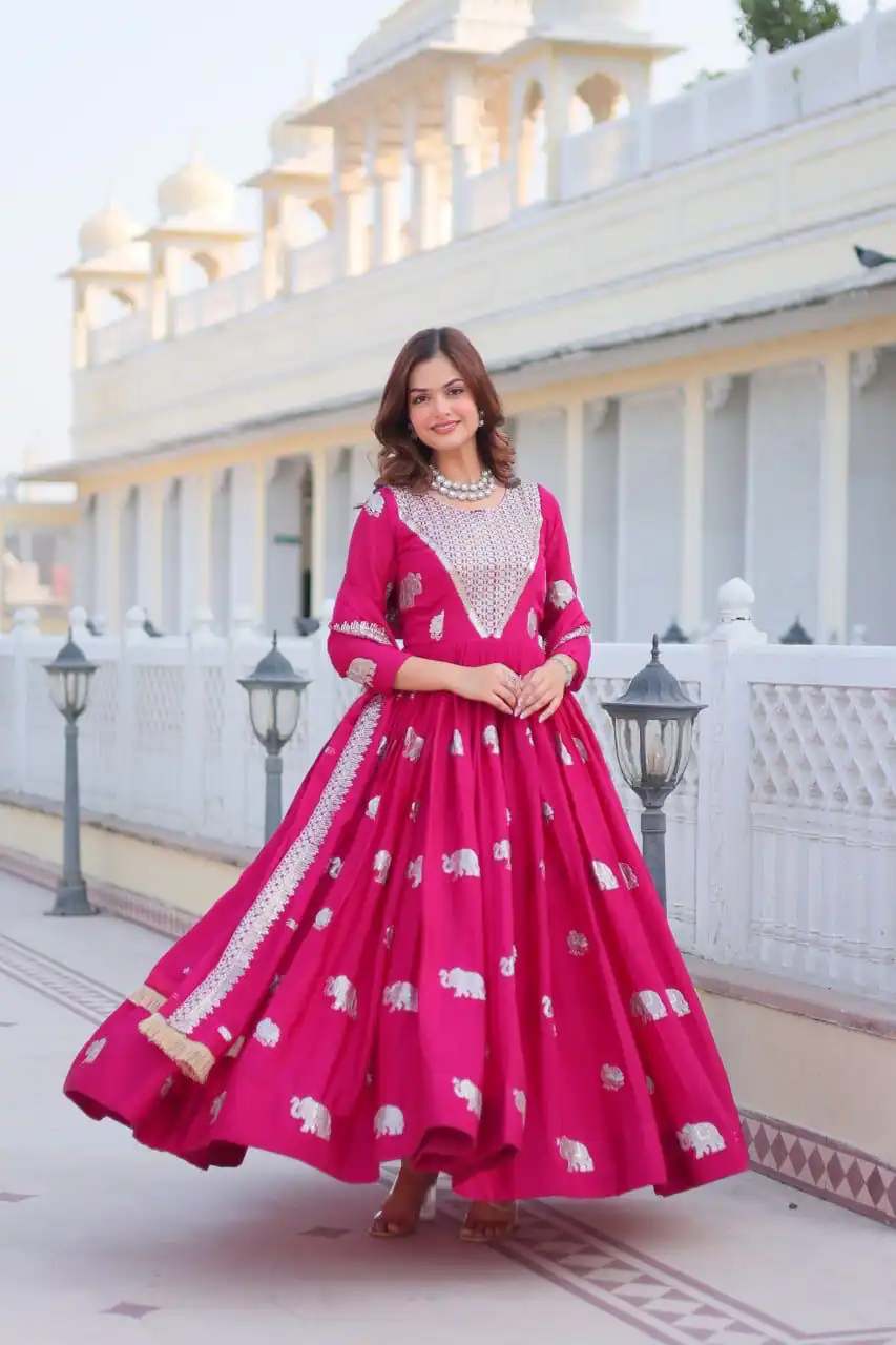 Pink Fox Georgette Embroidery Work Gown | Gowns, Bollywood Gowns, Creative Gowns, Designer Gowns, Embroidered Gowns, Party Wear Gowns