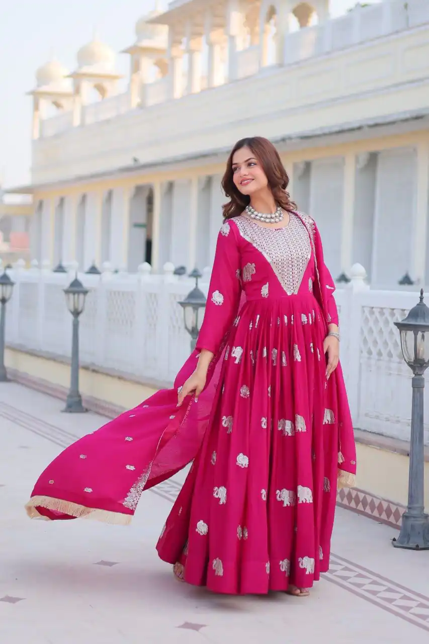 Pink Fox Georgette Embroidery Work Gown | Gowns, Bollywood Gowns, Creative Gowns, Designer Gowns, Embroidered Gowns, Party Wear Gowns