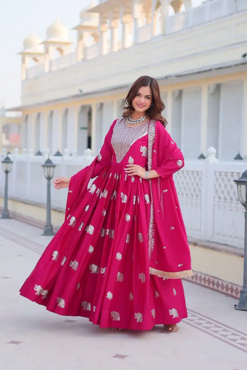 Pink Fox Georgette Embroidery Work Gown | Gowns, Bollywood Gowns, Creative Gowns, Designer Gowns, Embroidered Gowns, Party Wear Gowns