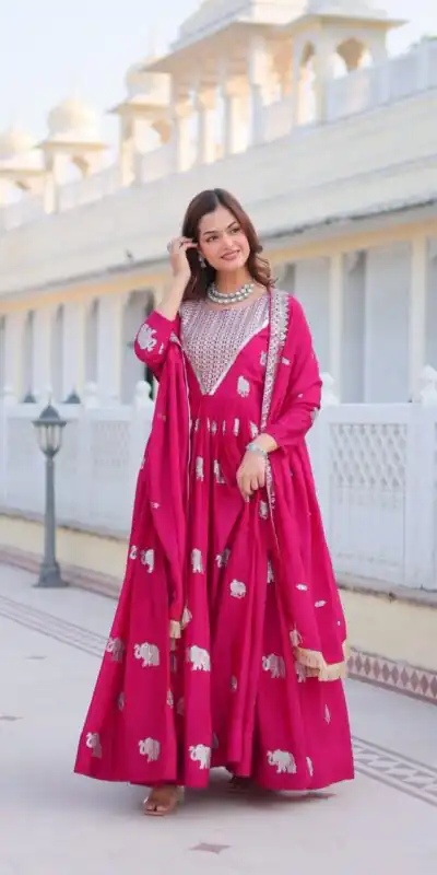 Pink Fox Georgette Embroidery Work Gown | Gowns, Bollywood Gowns, Creative Gowns, Designer Gowns, Embroidered Gowns, Party Wear Gowns
