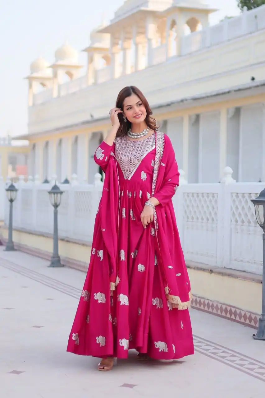 Pink Fox Georgette Embroidery Work Gown | Gowns, Bollywood Gowns, Creative Gowns, Designer Gowns, Embroidered Gowns, Party Wear Gowns