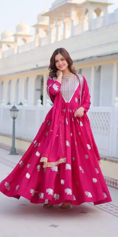 Pink Fox Georgette Embroidery Work Gown | Gowns, Bollywood Gowns, Creative Gowns, Designer Gowns, Embroidered Gowns, Party Wear Gowns