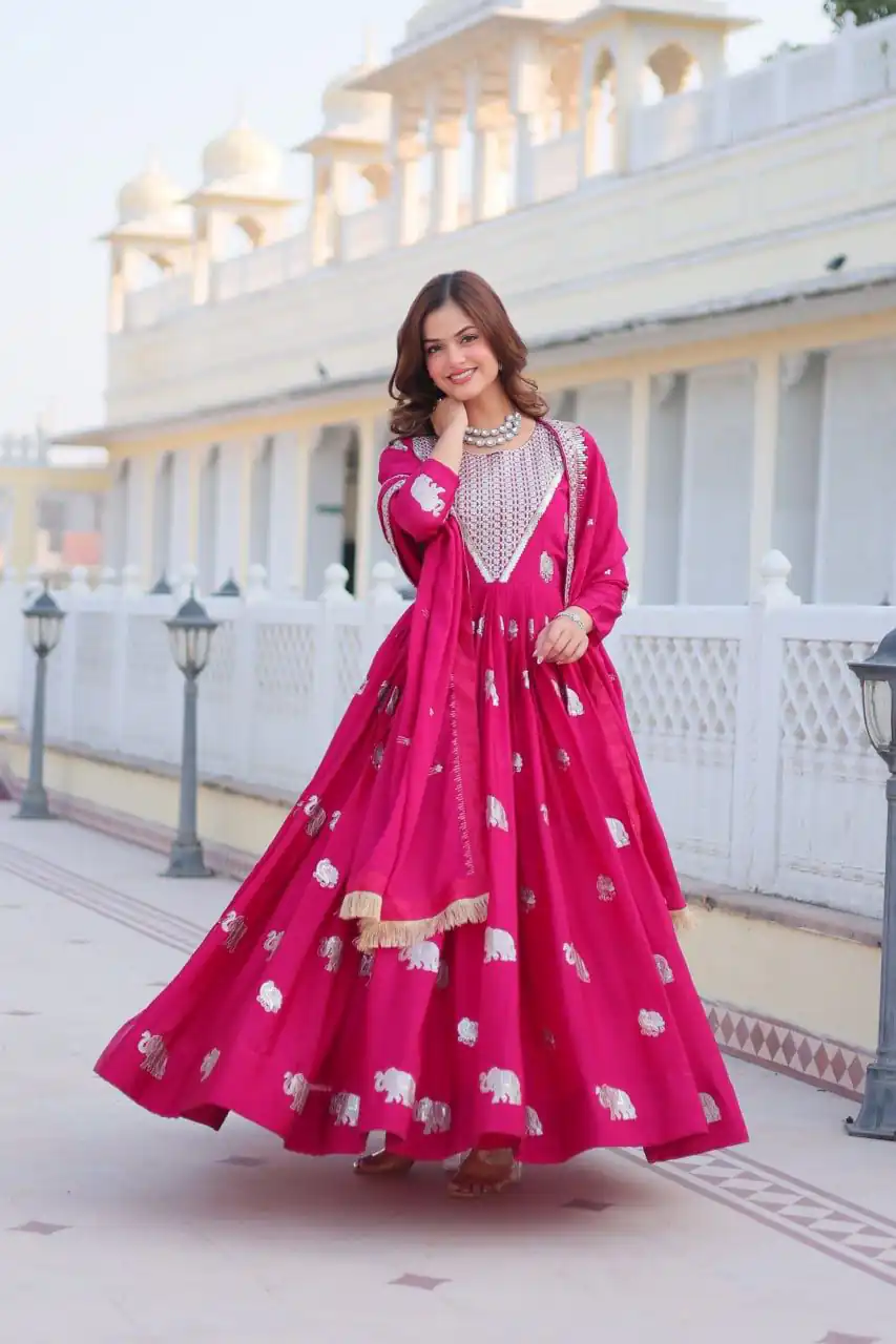 Pink Fox Georgette Embroidery Work Gown | Gowns, Bollywood Gowns, Creative Gowns, Designer Gowns, Embroidered Gowns, Party Wear Gowns