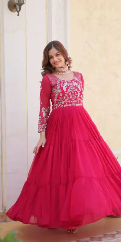 Pink Fox Georgette Sequence Work Gown | Gowns, Bollywood Gowns, Creative Gowns, Designer Gowns, Embroidered Gowns, Party Wear Gowns