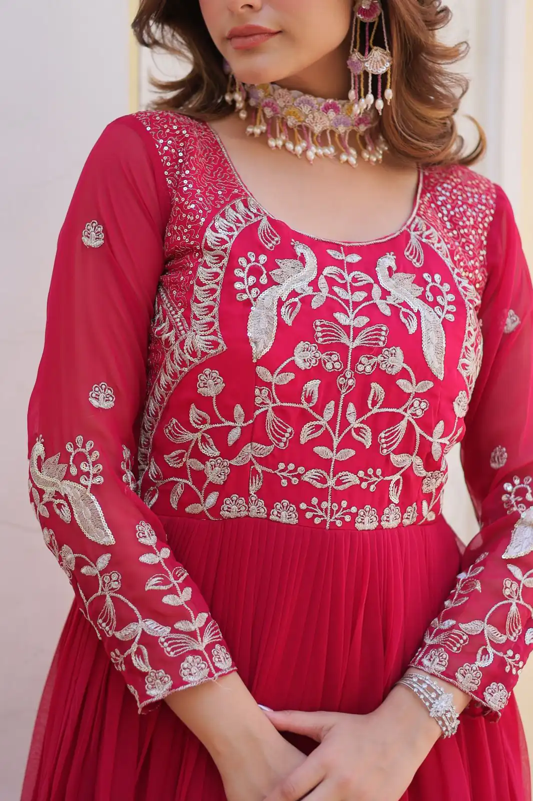 Pink Fox Georgette Sequence Work Gown | Gowns, Bollywood Gowns, Creative Gowns, Designer Gowns, Embroidered Gowns, Party Wear Gowns