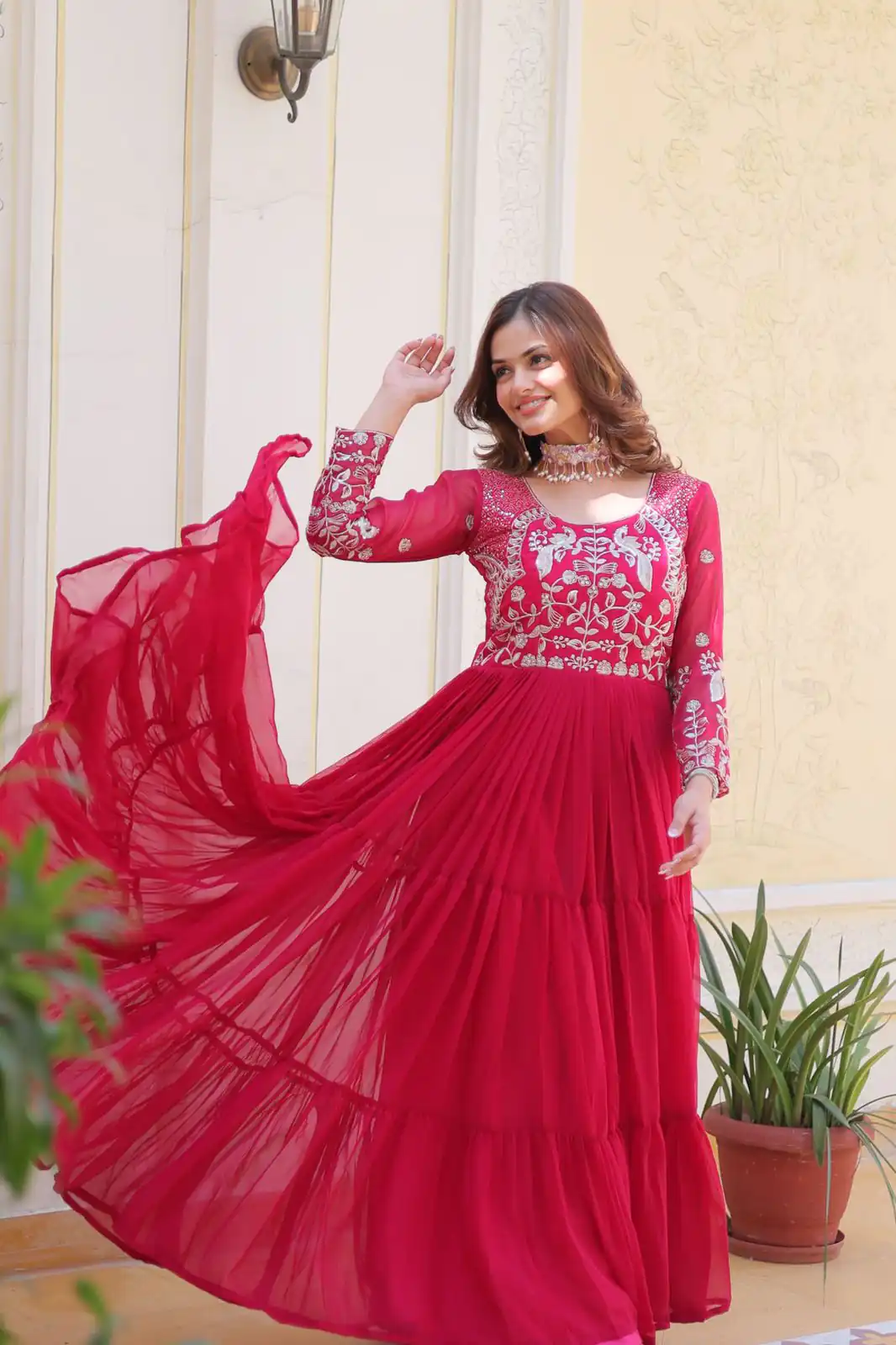 Pink Fox Georgette Sequence Work Gown | Gowns, Bollywood Gowns, Creative Gowns, Designer Gowns, Embroidered Gowns, Party Wear Gowns
