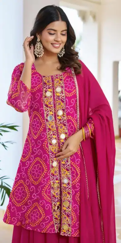 Pink Georgette Badhani Print Embroidery Work Salwar Suit | Jump Suits, Tops & Bottoms, Track Suits, Salwar suit, Casual Suits, Creative suits, Designer Suits, Palazzo Suits, Party Wear Suits, Patiala Suits, Straight Suits, Trendy Wear