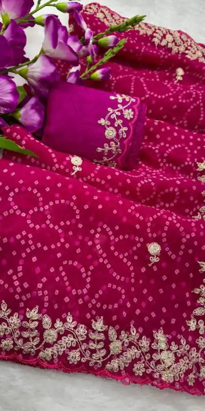 Pink Georgette Bandhni Print Pita Work Embroidery Saree | Sarees, Bollywood Sarees, Creative Sarees, Designer Sarees, Embroidered Sarees, Ethnic Saree, Modern Digital sarees, Party Wear Sarees