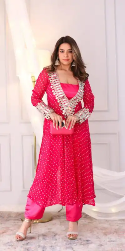 Pink Georgette Embroidery Mirror Work Kurti | Kurti, Bollywood Kurti, Creative Kurtis, Designer Kurti, Party Wear Kurti, Selfie Kurti