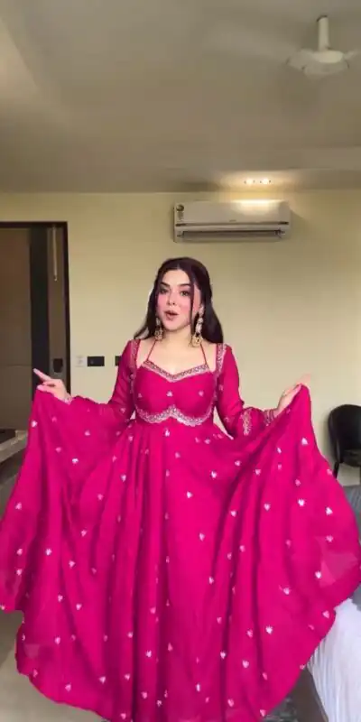 Pink Georgette Embroidery Work Gown | Gowns, Bollywood Gowns, Creative Gowns, Designer Gowns, Embroidered Gowns, Party Wear Gowns