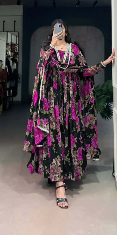 Pink Georgette Floral Printed Paper Mirror Lace Gown | Gowns, Bollywood Gowns, Creative Gowns, Designer Gowns, Embroidered Gowns, Party Wear Gowns