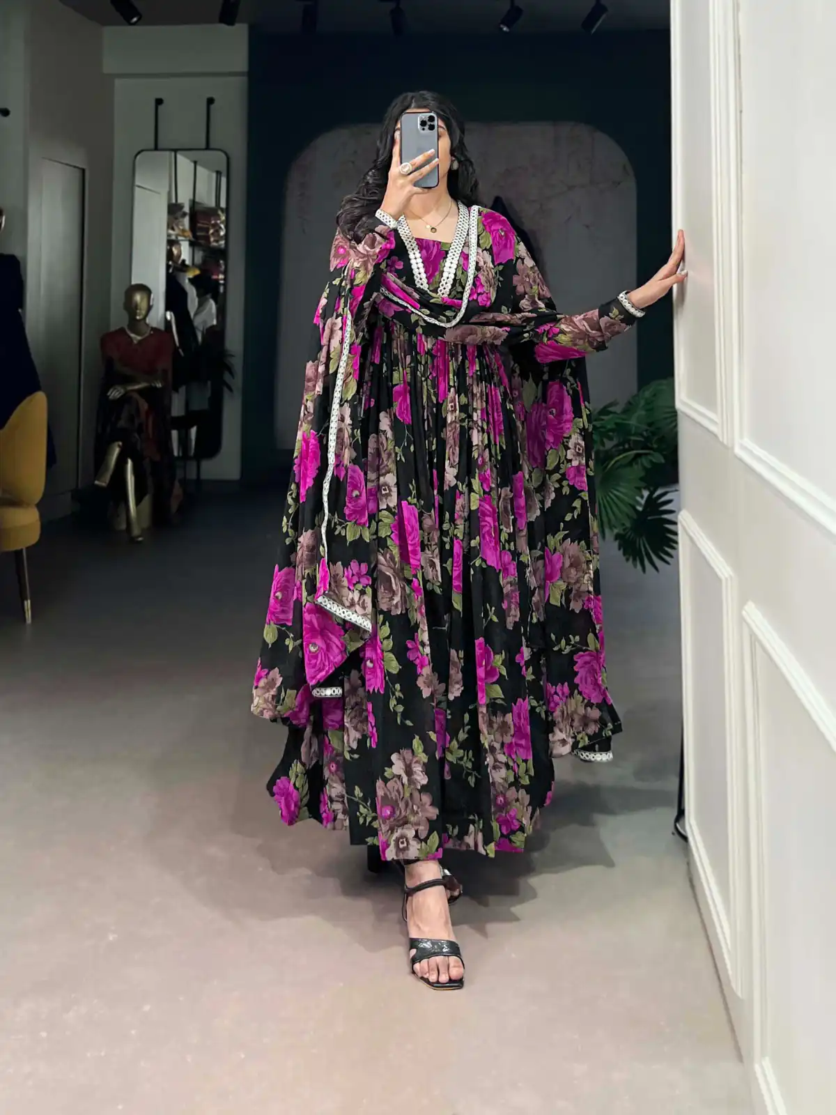 Pink Georgette Floral Printed Paper Mirror Lace Gown | Gowns, Bollywood Gowns, Creative Gowns, Designer Gowns, Embroidered Gowns, Party Wear Gowns