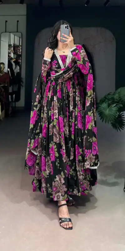 Pink Georgette Floral Printed Paper Mirror Lace Gown | Gowns, Bollywood Gowns, Creative Gowns, Designer Gowns, Embroidered Gowns, Party Wear Gowns