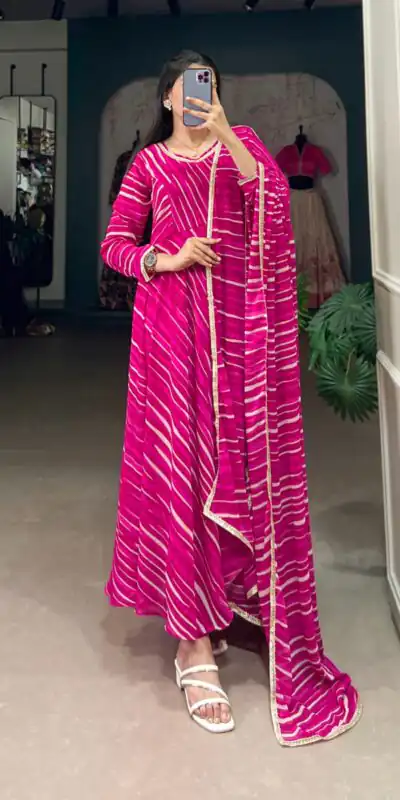 Pink Georgette Leheriya Gown | Gowns, Bollywood Gowns, Creative Gowns, Designer Gowns, Embroidered Gowns, Party Wear Gowns
