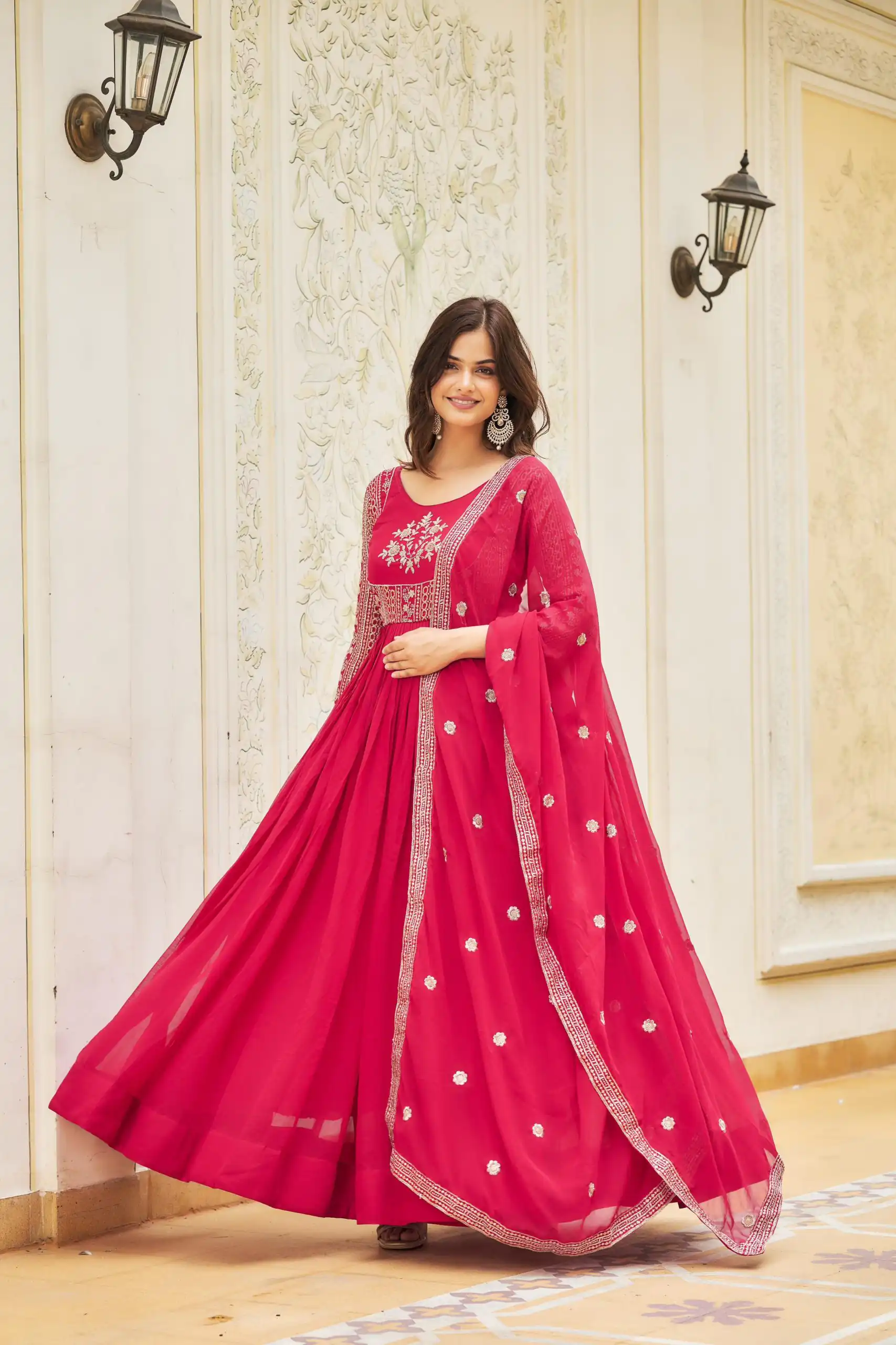 Pink Georgette Sequence Embroidery Gown | Gowns, Bollywood Gowns, Creative Gowns, Designer Gowns, Embroidered Gowns, Party Wear Gowns