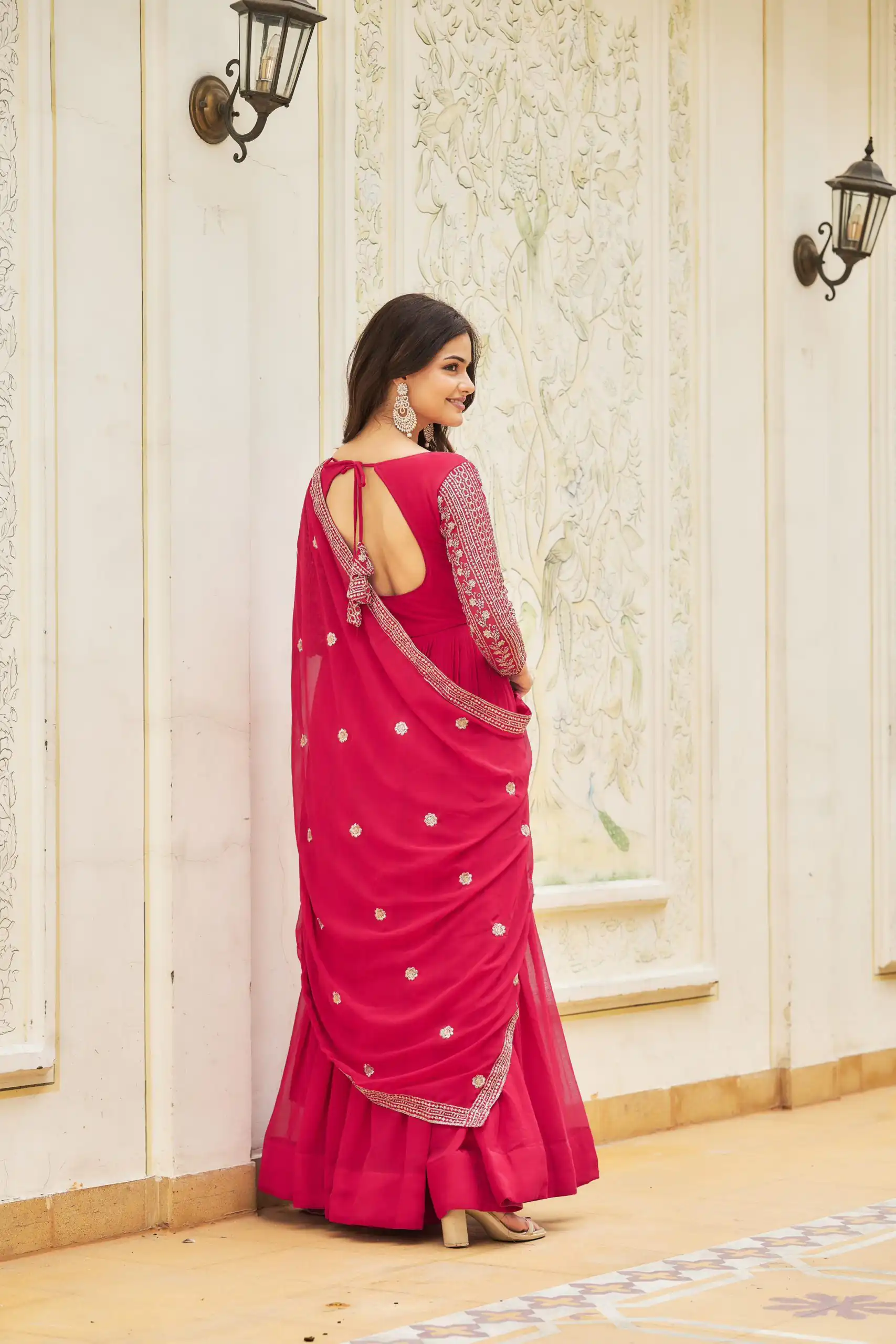 Pink Georgette Sequence Embroidery Gown | Gowns, Bollywood Gowns, Creative Gowns, Designer Gowns, Embroidered Gowns, Party Wear Gowns