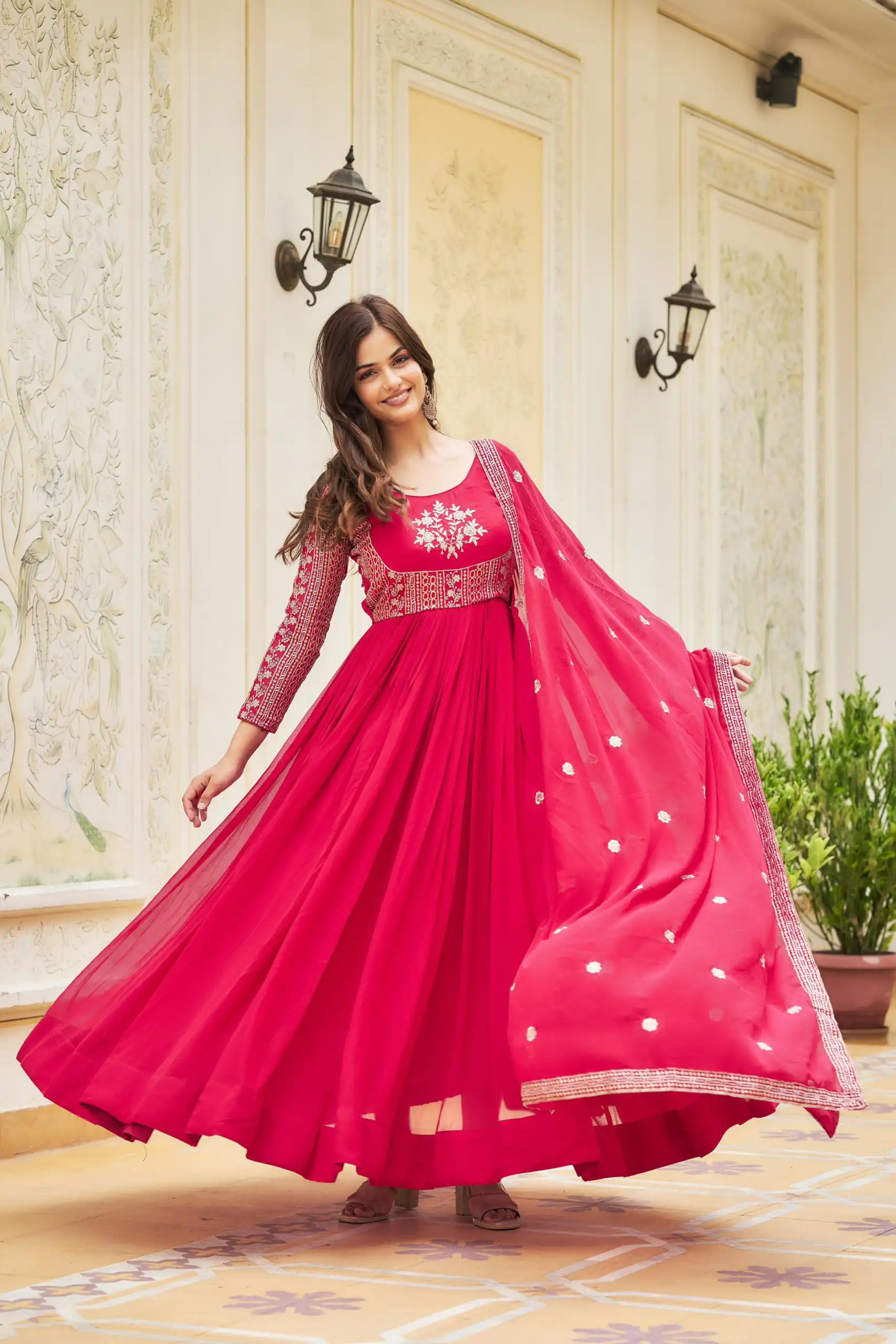 Pink Georgette Sequence Embroidery Gown | Gowns, Bollywood Gowns, Creative Gowns, Designer Gowns, Embroidered Gowns, Party Wear Gowns