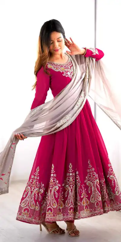 Pink Georgette With Embroidery Work Gown | Jump Suits, Salwar suit, Casual Suits, Creative suits, Designer Suits, Palazzo Suits, Party Wear Suits, Patiala Suits, Straight Suits