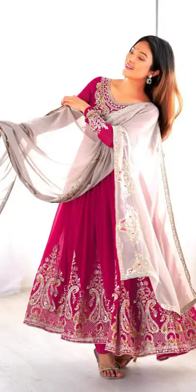 Pink Georgette With Embroidery Work Gown | Jump Suits, Salwar suit, Casual Suits, Creative suits, Designer Suits, Palazzo Suits, Party Wear Suits, Patiala Suits, Straight Suits
