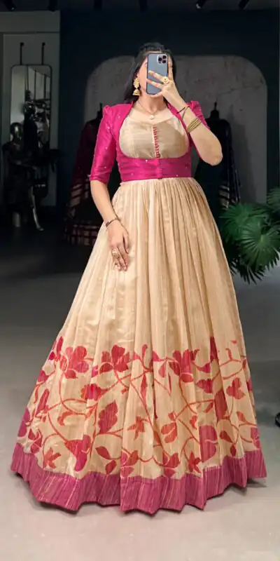 Pink Green Silk Printed Gown | Gowns, Bollywood Gowns, Creative Gowns, Designer Gowns, Embroidered Gowns, Party Wear Gowns