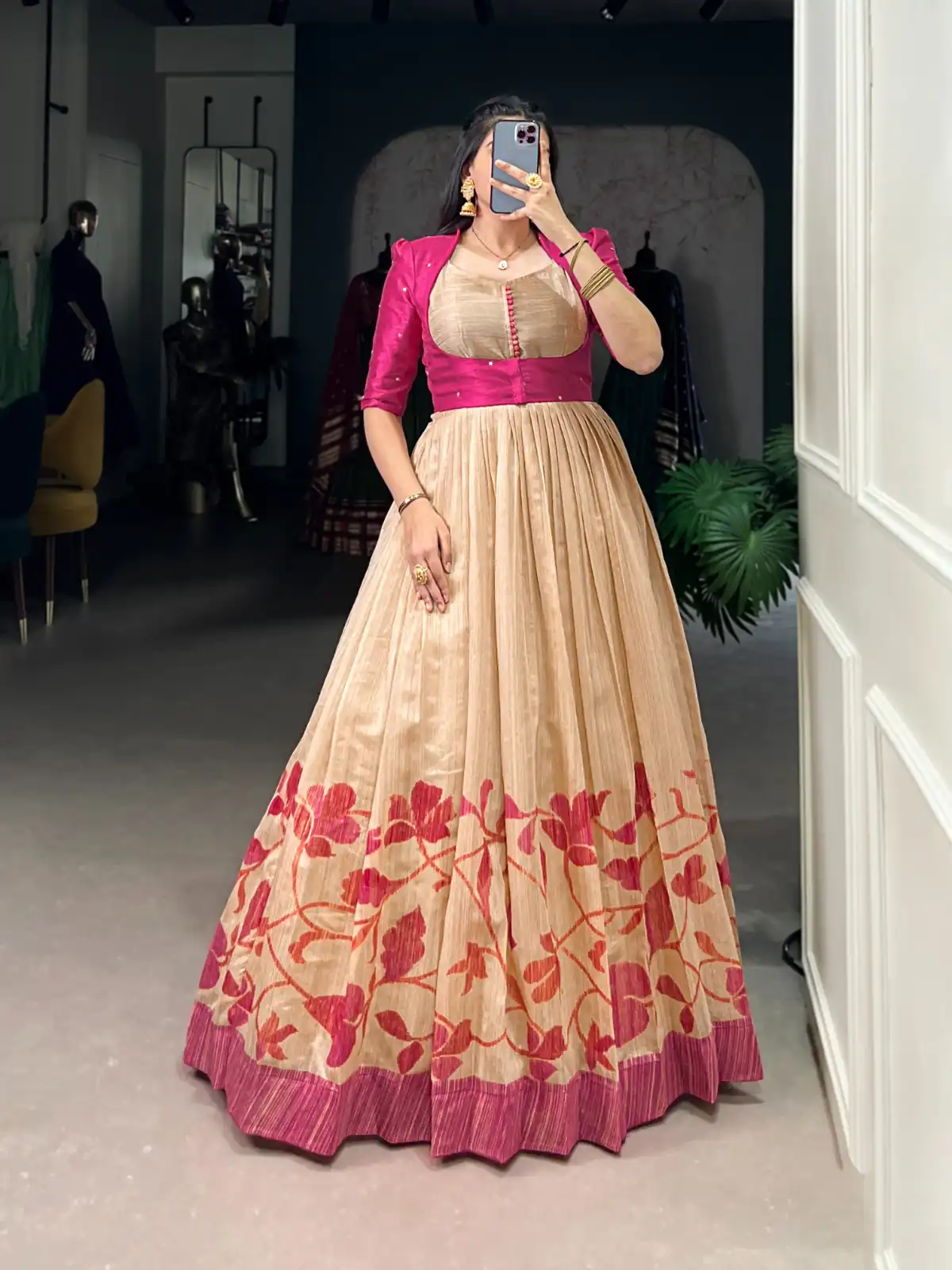 Pink Green Silk Printed Gown | Gowns, Bollywood Gowns, Creative Gowns, Designer Gowns, Embroidered Gowns, Party Wear Gowns