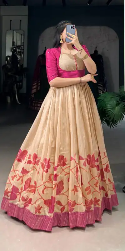 Pink Green Silk Printed Gown | Gowns, Bollywood Gowns, Creative Gowns, Designer Gowns, Embroidered Gowns, Party Wear Gowns