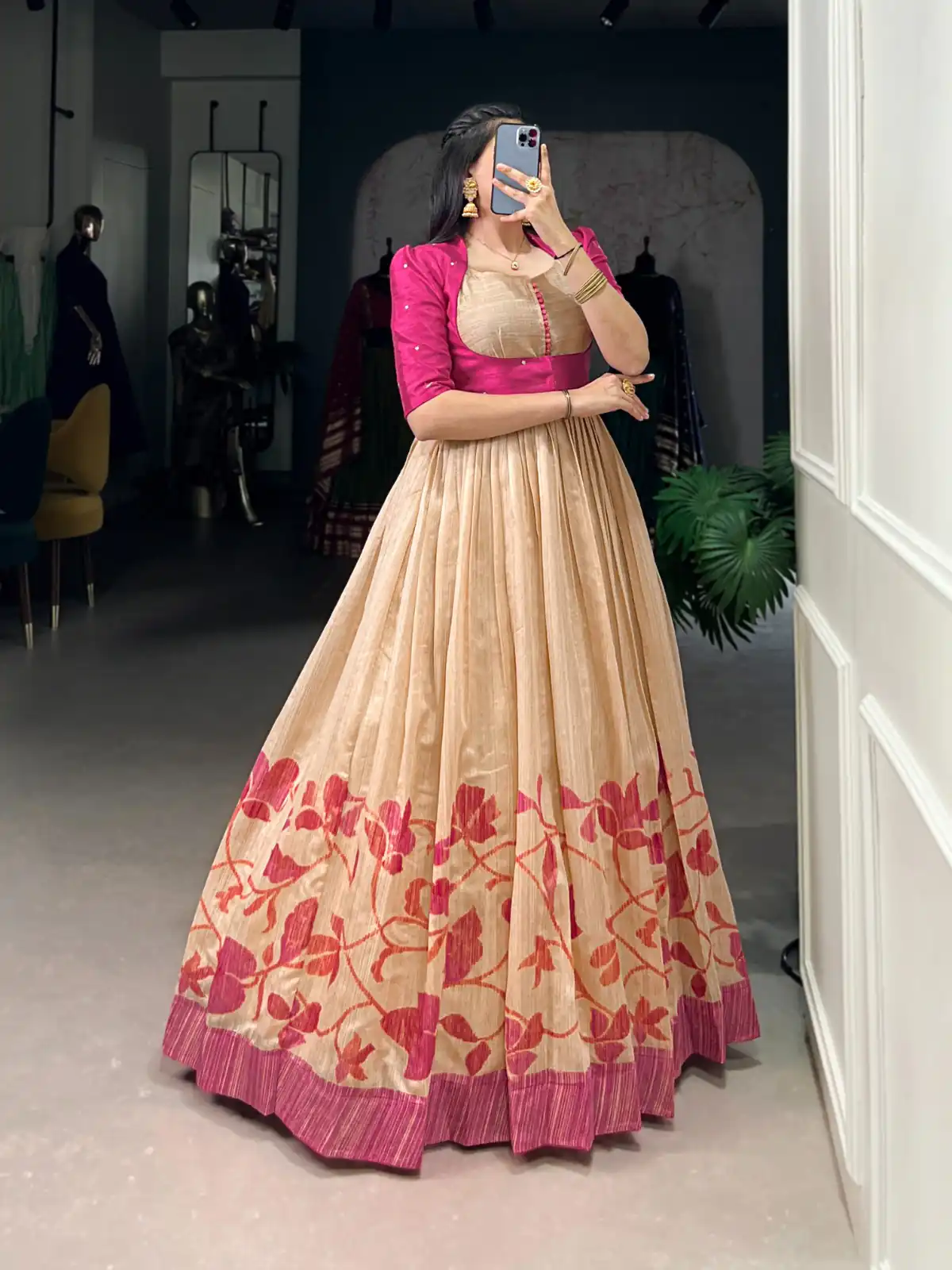 Pink Green Silk Printed Gown | Gowns, Bollywood Gowns, Creative Gowns, Designer Gowns, Embroidered Gowns, Party Wear Gowns