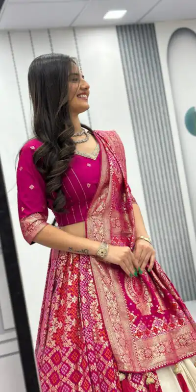 Pink Jacquard Silk Moti Work Lehenga Choli | Lehenga, Bollywood Lehenga, Creative Lehenga, Designer Lehenga, Embroidered Lehenga, Party Wear Lehenga