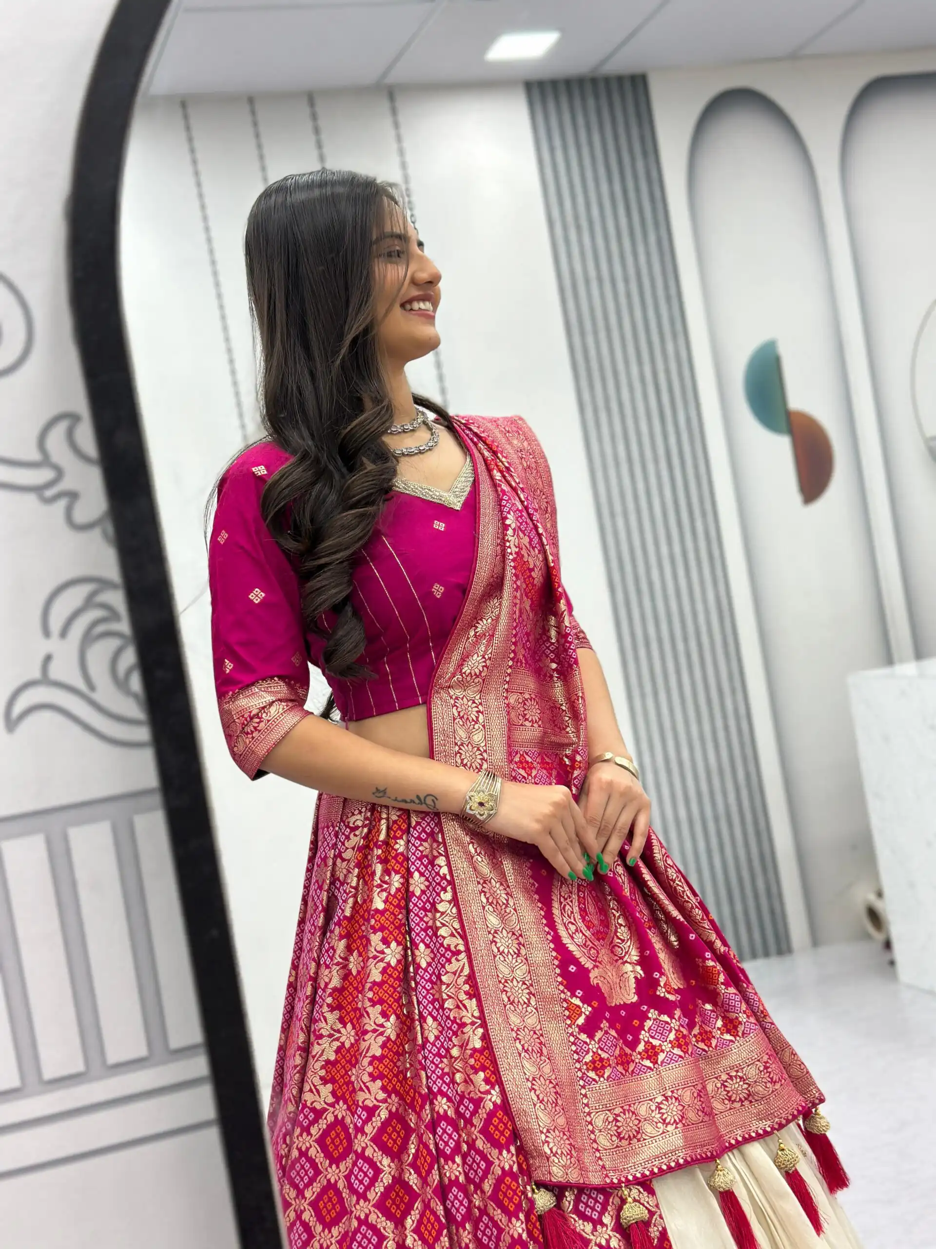 Pink Jacquard Silk Moti Work Lehenga Choli | Lehenga, Bollywood Lehenga, Creative Lehenga, Designer Lehenga, Embroidered Lehenga, Party Wear Lehenga