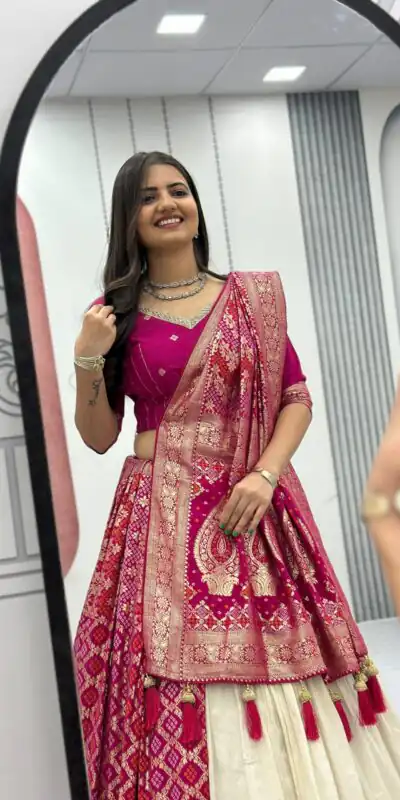 Pink Jacquard Silk Moti Work Lehenga Choli | Lehenga, Bollywood Lehenga, Creative Lehenga, Designer Lehenga, Embroidered Lehenga, Party Wear Lehenga